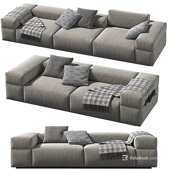 Modern Gray Fabric Sofa Set With Decorative Pillows And Throw Blanket 3d model
