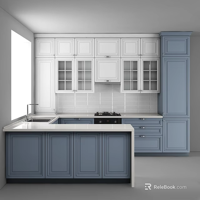 Modern Kitchen Interior With Blue And White Cabinets Glass Door And Countertop 3d model 