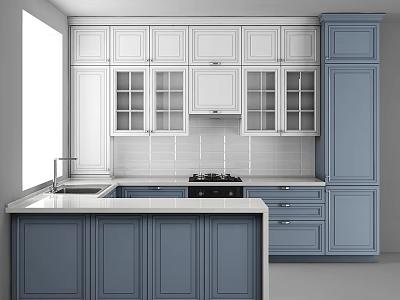 Modern Kitchen Interior With Blue And White Cabinets Glass Door And Countertop 3d model
