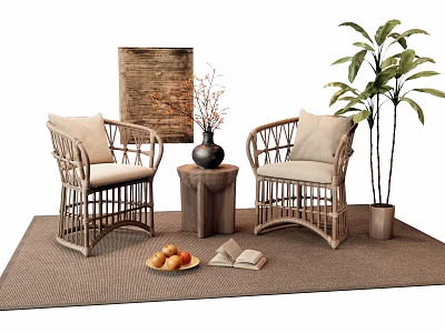Wicker Leisure Chairs With Armrests Cushions On Rug Side Table Plant Fruits And Books 3d model