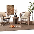 Wicker Leisure Chairs With Armrests Cushions On Rug Side Table Plant Fruits And Books