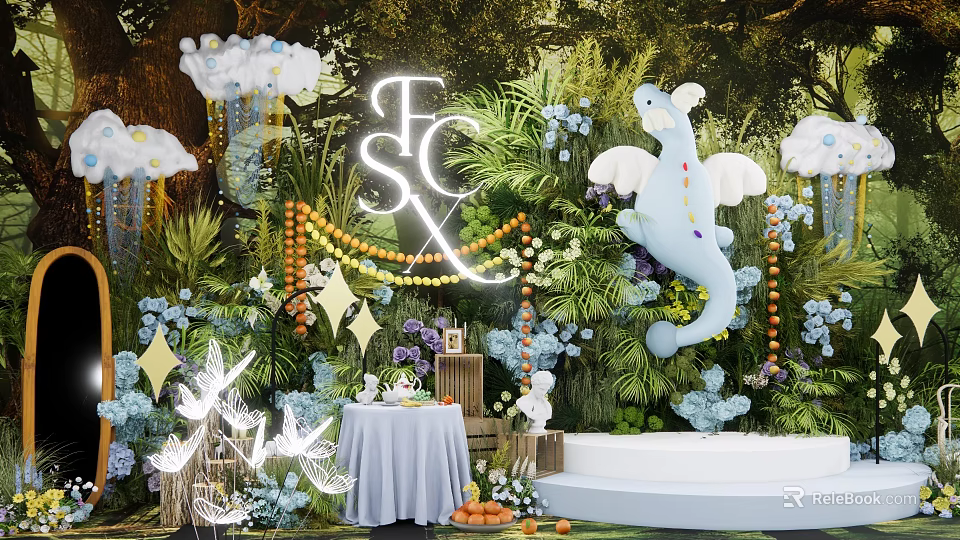 Floral Display With Green Foliage Background White Elephant Decoration And Illuminated Letters 3d model 