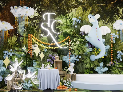 Floral Display With Green Foliage Background White Elephant Decoration And Illuminated Letters 3d model