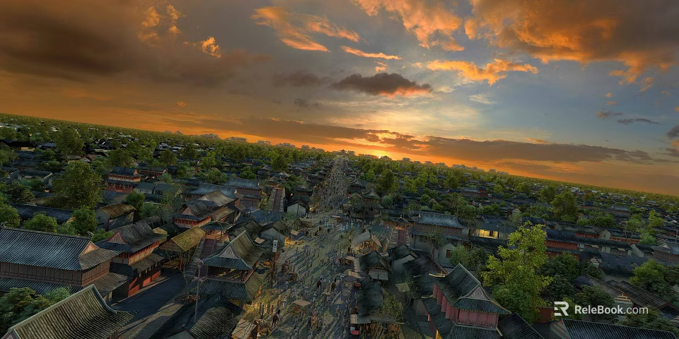 Ancient Architecture Scenic View With Traditional Rooftops Under Sunset Sky And Green Trees 3d model 