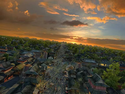 Ancient Architecture Scenic View With Traditional Rooftops Under Sunset Sky And Green Trees 3d model