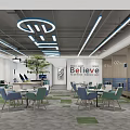 Modern Lounge Area Interior Design With Tables Chairs Blue Partitions And Green Plant