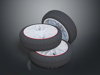 High Quality Automotive Car Parts Stacked Black Tires With Red Accent Rims 3d model