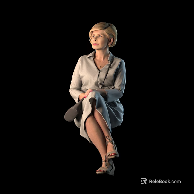 Elegant Woman with Short Hair in Grey Dress Sitting with Crossed Legs Against Black Background 3d model 