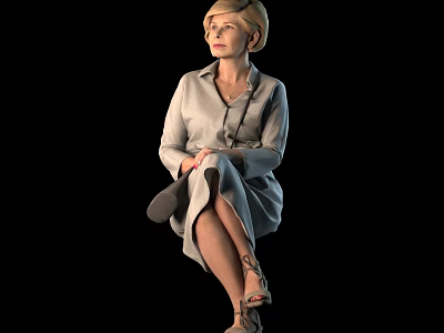 Elegant Woman with Short Hair in Grey Dress Sitting with Crossed Legs Against Black Background 3d model