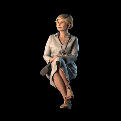 Elegant Woman with Short Hair in Grey Dress Sitting with Crossed Legs Against Black Background 3d model