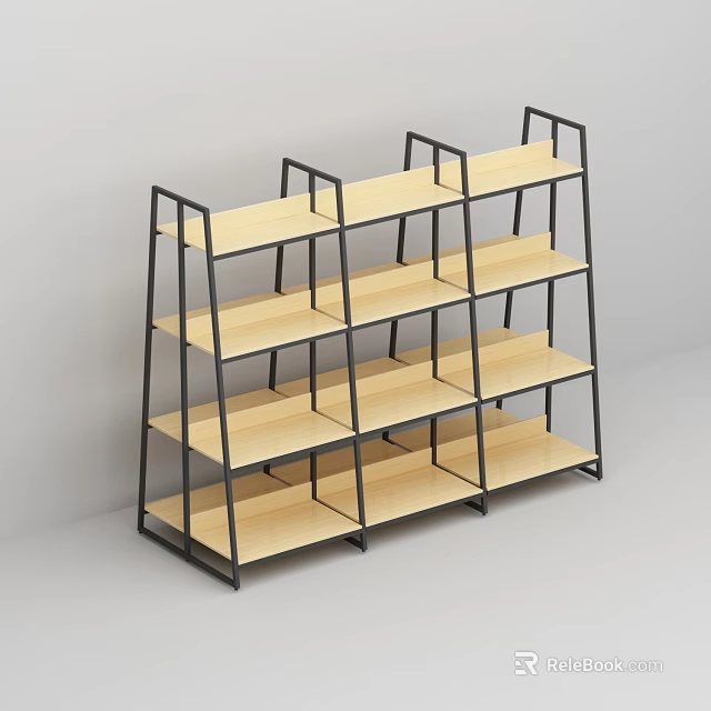 Multi Tiered Display Rack With Black Metal Frame And Wooden Shelves 3d model 