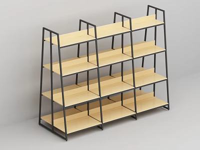 Multi Tiered Display Rack With Black Metal Frame And Wooden Shelves 3d model