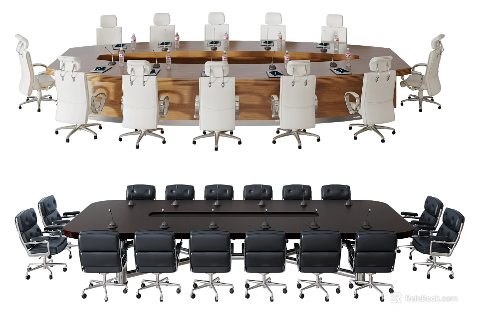 Modern Office Conference Table With Light Dark Wood Top And White Black Swivel Chairs 3d model 