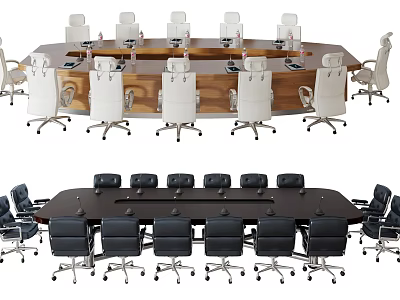 Modern Office Conference Table With Light Dark Wood Top And White Black Swivel Chairs 3d model