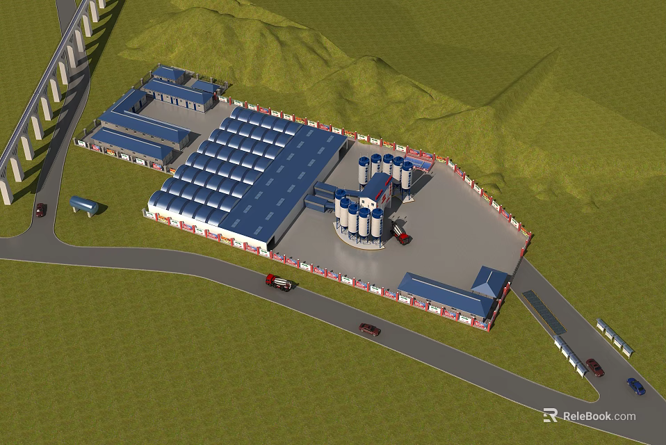Industrial Factory with Multiple Buildings Blue Roofs Green Hills Grassland and Access Roads with Vehicles 3d model 