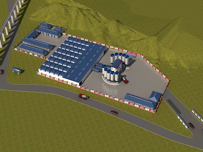 Industrial Factory with Multiple Buildings Blue Roofs Green Hills Grassland and Access Roads with Vehicles 3d model