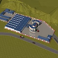 Industrial Factory with Multiple Buildings Blue Roofs Green Hills Grassland and Access Roads with Vehicles