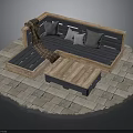 L Shaped Wooden Sofa With Gray Cushions Plaid Blanket Coffee Table On Outdoor Stone Floor