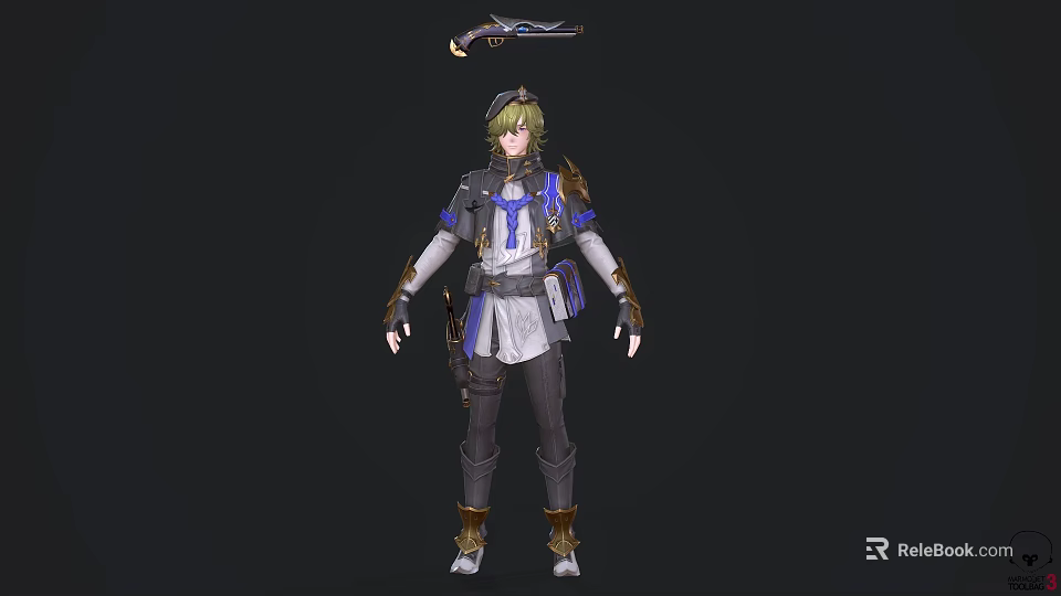 Game Movie Character In Blue And Gold Outfit With Hat And Short Hair Style 3d model 