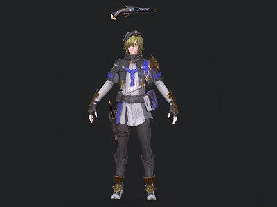 Game Movie Character In Blue And Gold Outfit With Hat And Short Hair Style 3d model