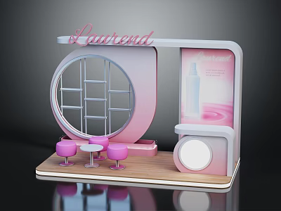Cosmetics Booth Display With Round Mirror Pink Stools And Wooden Base 3d model