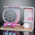 Cosmetics Booth Display With Round Mirror Pink Stools And Wooden Base