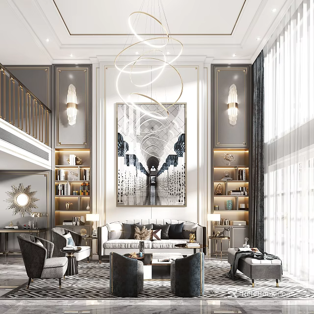 Duplex Living Room Interior With Large Decorative Painting Chandelier Bookshelves And Floor to Ceiling Windows 3d model 