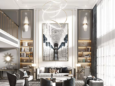 Duplex Living Room Interior With Large Decorative Painting Chandelier Bookshelves And Floor to Ceiling Windows 3d model