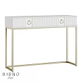 White Modern Dining Table With Gold Metal Legs And Round Handle Drawers