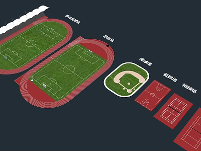 Multi Sport Facility Layout With Football Fields Running Track And Basketball Courts 3d model