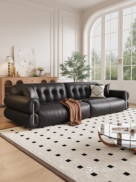 Black Leather Sofa With Pillows And Throw Blanket Glass Coffee Table Interior Design 3d model