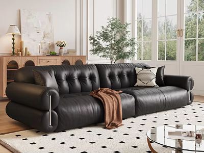 Black Leather Sofa With Pillows And Throw Blanket Glass Coffee Table Interior Design 3d model