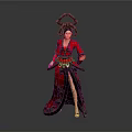 Woman In Red Ancient Style Costume With Gold Decorations Slit Skirt And Elaborate Headdress