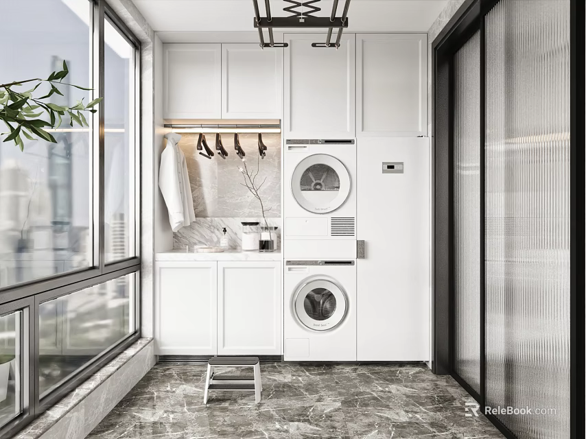 Home Balcony With White Cabinets Stacked Washer Dryer Clothes Rack Green Plant And City View 3d model 