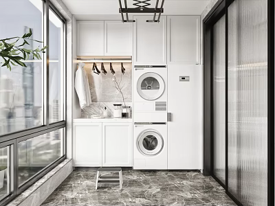 Home Balcony With White Cabinets Stacked Washer Dryer Clothes Rack Green Plant And City View 3d model