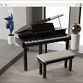 Stylish Black Grand Piano With Open Lid In Modern Interior Design With Bench And Sculpture