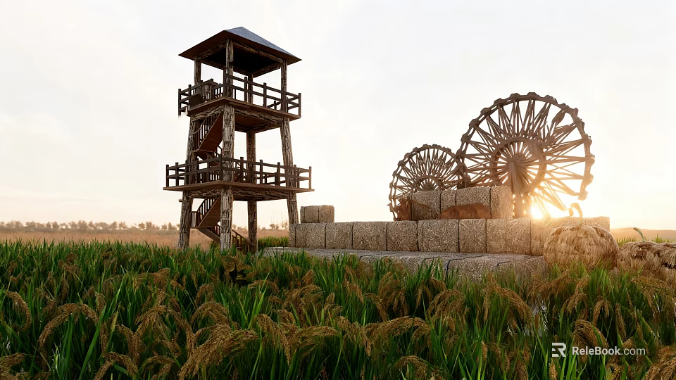 Scenic Traditional Garden Landscape with Wooden Tower Water Wheels Stone Walls and Rice Fields 3d model 