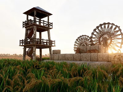 Scenic Traditional Garden Landscape with Wooden Tower Water Wheels Stone Walls and Rice Fields 3d model