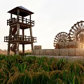 Scenic Traditional Garden Landscape with Wooden Tower Water Wheels Stone Walls and Rice Fields