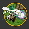 Green Haired Winged Character And Small White Creature With Glowing Staff On Golden Circular Base