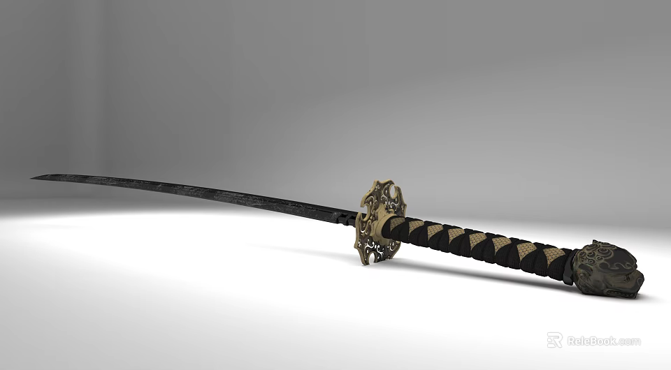 Traditional Japanese Katana Weapon With Black Blade Golden Tsuba And Black Gold Decorative Handle 3d model 