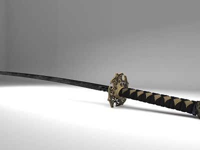 Traditional Japanese Katana Weapon With Black Blade Golden Tsuba And Black Gold Decorative Handle 3d model