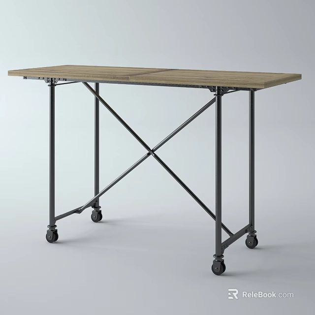 Industrial Style Dining Table With Wooden Top Metal Frame And Rolling Wheels 3d model 
