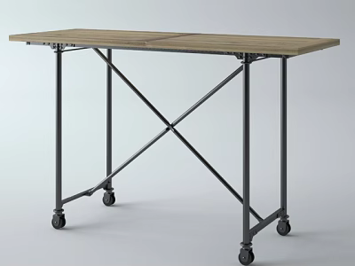 Industrial Style Dining Table With Wooden Top Metal Frame And Rolling Wheels 3d model