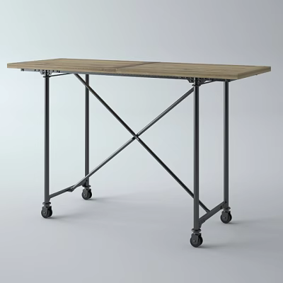 Industrial Style Dining Table With Wooden Top Metal Frame And Rolling Wheels 3d model