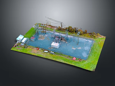Detailed Electric Power Facility Model Featuring Substation Equipment Transmission Tower Grassland And Water Area 3d model