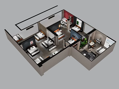 Aerial View of Modern Residential Layout with Bedrooms Living Room Kitchen and Furniture 3d model