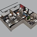 Aerial View of Modern Residential Layout with Bedrooms Living Room Kitchen and Furniture