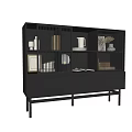 Modern Slatted Bookcase With Dark Finish Open Compartments Decorative Books Vases And Ceramic Mug