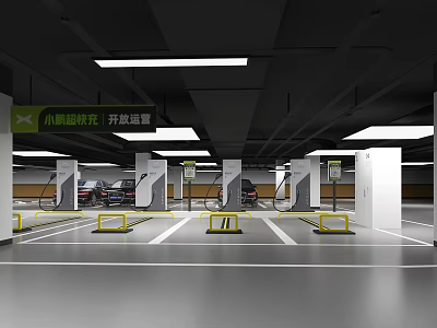 Underground Parking Lot With White Pillars Yellow Barriers And Open Area Signage 3d model